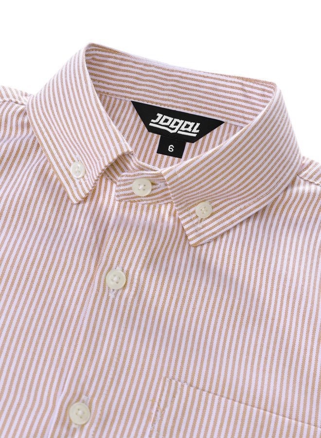JOGAL Boys Button Down Shirt Short Sleeve Oxford Dress Shirts Casual Striped Tops for 6-14 Years EarthYellow 12 - Image 3