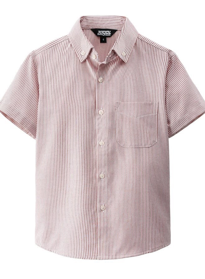 JOGAL Boys Button Down Shirt Short Sleeve Oxford Dress Shirts Casual Striped Tops for 6-14 Years EarthYellow 12 - Image 1
