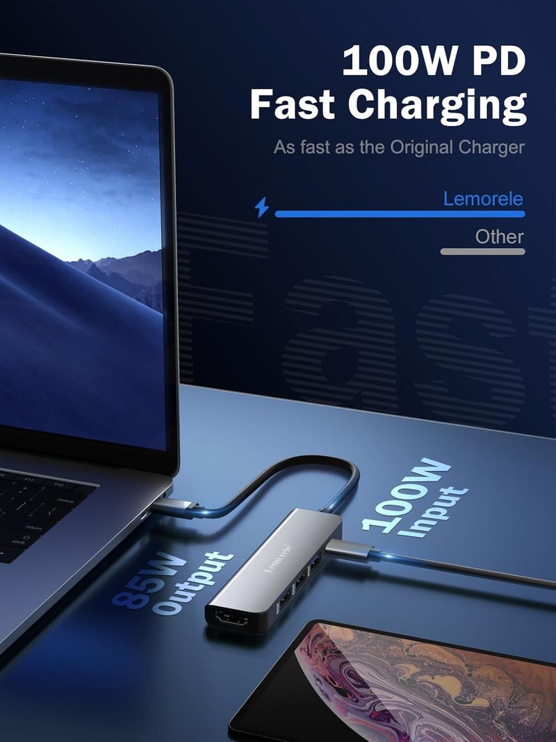 Lemorele محور USB C، محول متعدد المنافذ 5 في 1 مع HDMI 4K، USB 3.0، 2*USB 2.0، شحن سريع PD 100W مناسب لجهاز MacBook Pro/Air M1، Chromecast، Switch، Windows وغيرها. - Image 5