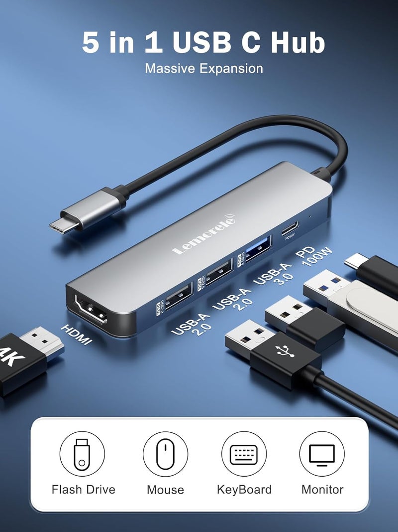 Lemorele محور USB C، محول متعدد المنافذ 5 في 1 مع HDMI 4K، USB 3.0، 2*USB 2.0، شحن سريع PD 100W مناسب لجهاز MacBook Pro/Air M1، Chromecast، Switch، Windows وغيرها. - Image 2