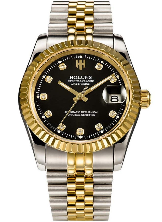 HOLUNS Mens Automatic Self-wind Watch Gilded Stainless Steel Date Black Diamonds Dial Dress waterproof watch - Image 1