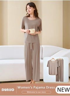 DUNISO Women's Pajama Set, Summer Round Comfortable Neck Short Sleeve and Waist Elastic Pants, Lightweight Breathable Ice Silk Loungewear, Casual Pajama Suit for Women Girls Ladies  - Image 1