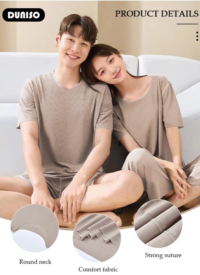 DUNISO Women's Pajama Set, Summer Round Comfortable Neck Short Sleeve and Waist Elastic Pants, Lightweight Breathable Ice Silk Loungewear, Casual Pajama Suit for Women Girls Ladies  - Image 2