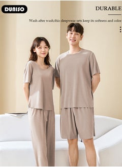 DUNISO Women's Pajama Set, Summer Round Comfortable Neck Short Sleeve and Waist Elastic Pants, Lightweight Breathable Ice Silk Loungewear, Casual Pajama Suit for Women Girls Ladies  - Image 3