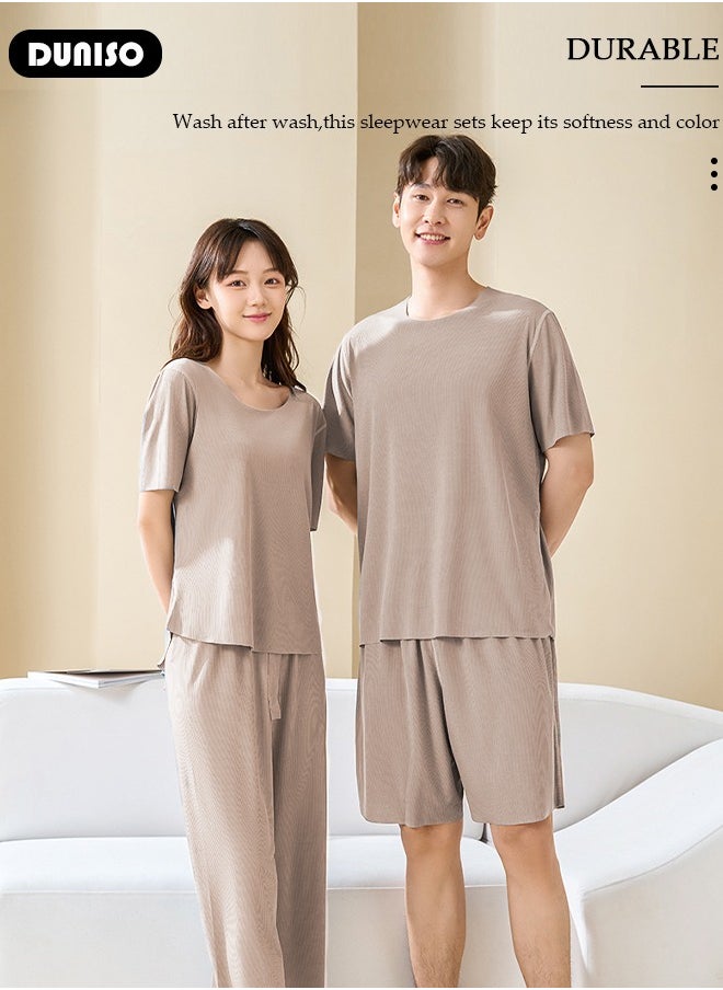 DUNISO Women's Pajama Set, Summer Round Comfortable Neck Short Sleeve and Waist Elastic Pants, Lightweight Breathable Ice Silk Loungewear, Casual Pajama Suit for Women Girls Ladies  - Image 3