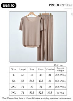 DUNISO Women's Pajama Set, Summer Round Comfortable Neck Short Sleeve and Waist Elastic Pants, Lightweight Breathable Ice Silk Loungewear, Casual Pajama Suit for Women Girls Ladies  - Image 4