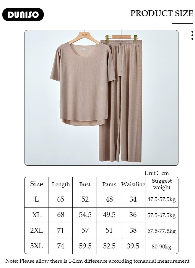 DUNISO Women's Pajama Set, Summer Round Comfortable Neck Short Sleeve and Waist Elastic Pants, Lightweight Breathable Ice Silk Loungewear, Casual Pajama Suit for Women Girls Ladies  - Image 4