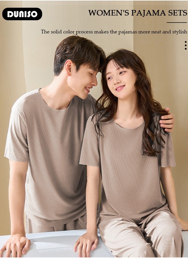 DUNISO Women's Pajama Set, Summer Round Comfortable Neck Short Sleeve and Waist Elastic Pants, Lightweight Breathable Ice Silk Loungewear, Casual Pajama Suit for Women Girls Ladies  - Image 5