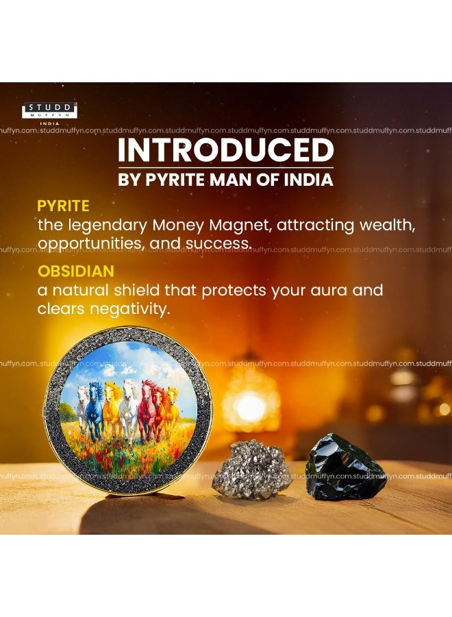 Studd Muffyn | 7 Rainbow Riche Rich Horses of Harmony [Round Shape] | Pyrite crystal and Black obsidian | Vastu Decor | Feng Shui Aligned | 7 Horses - Image 3