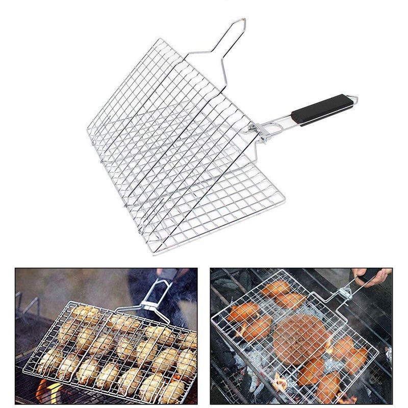Tray Portable Barbecue BBQ Grill Net Basket Roast Grilling Chromium Plated with Wooden Handle (Small) - Image 1