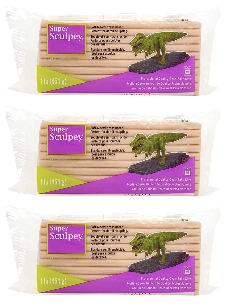 Sculpey Super Sculpey Beige OvenBake Clay CeramicLike Sculpturing Compound  SemiTranslucent Finish Shatter and Chip Resistant  1 LB Pack of 3 