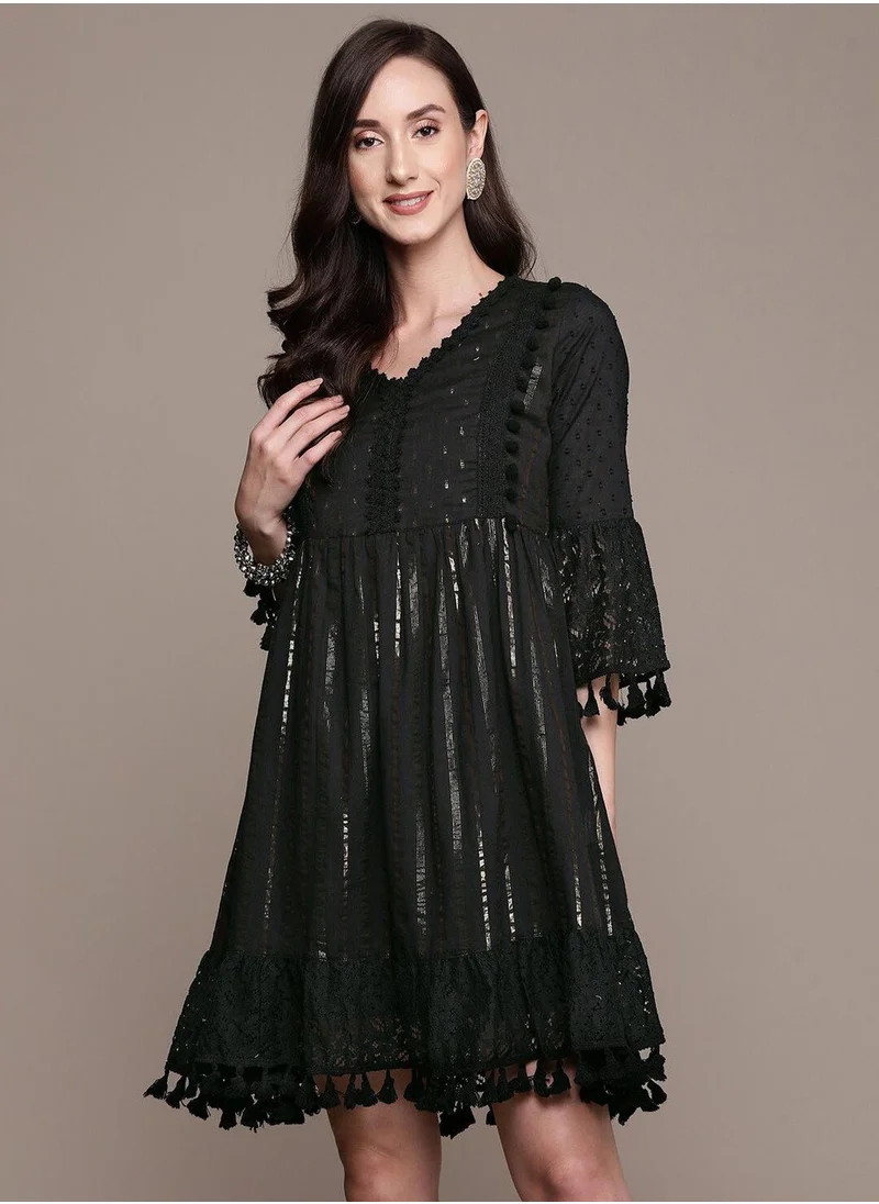 آي شين Women's Black Rayon Embellished Midi Smock Straight Fit Dress