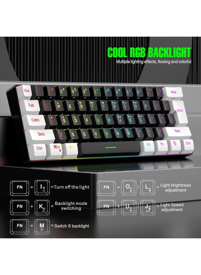 كيبول لوحة مفاتيح ألعاب سلكية 60%، إضاءة خلفية RGB صغيرة الحجم مقاومة للماء، 61 مفتاحًا، مناسبة للاعبي الكمبيوتر/ماك، والكتاب، والسفر، وسهلة الحمل في رحلات العمل (أسود-أبيض) - Image 2