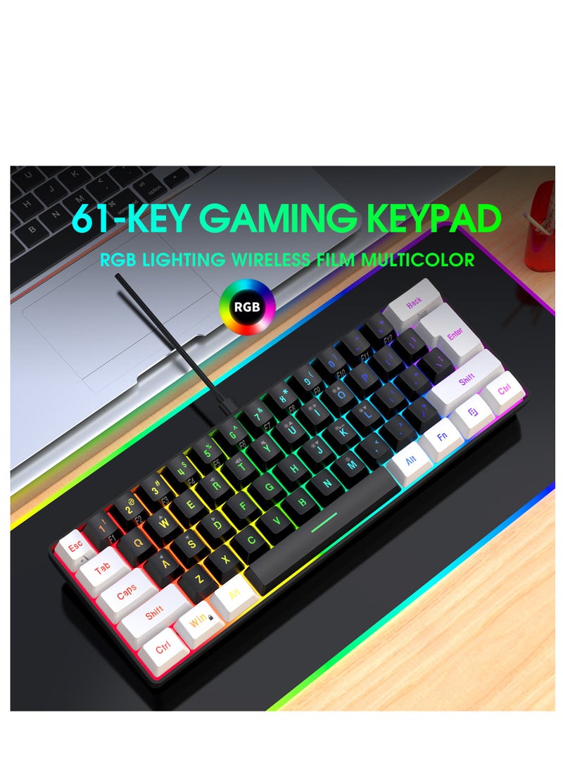 كيبول لوحة مفاتيح ألعاب سلكية 60%، إضاءة خلفية RGB صغيرة الحجم مقاومة للماء، 61 مفتاحًا، مناسبة للاعبي الكمبيوتر/ماك، والكتاب، والسفر، وسهلة الحمل في رحلات العمل (أسود-أبيض) - Image 1