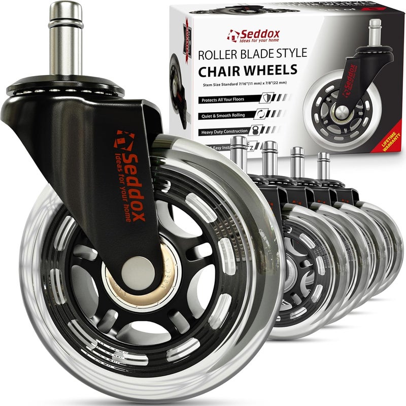 Seddox Office Chair Wheels Replacement Set of 5 - Desk Chair Casters for Hardwood & Carpet - Heavy Duty & Safe for All Floors - Universal Fit for Most Computer Gaming & Office Chairs - 3 Inch - Image 1