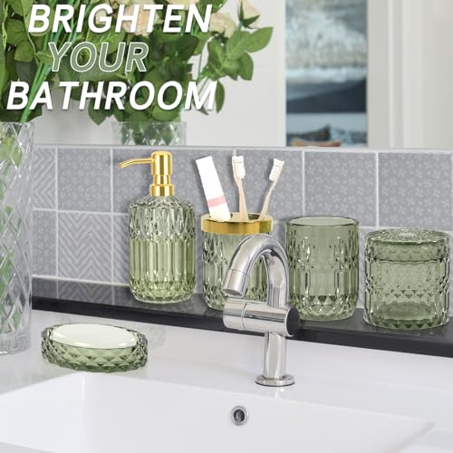 Towoaafu Green Bathroom Accessories Set, 5Pcs Clear Glass Green Accessories with Lotion Soap Dispenser, Soap Dish, Toothbrush Holder, Tumbler, Cotton Swab Jar, Modern Bathroom Decor Crystal Vintage Gift - Image 4