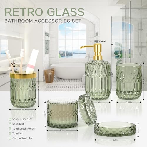 Towoaafu Green Bathroom Accessories Set, 5Pcs Clear Glass Green Accessories with Lotion Soap Dispenser, Soap Dish, Toothbrush Holder, Tumbler, Cotton Swab Jar, Modern Bathroom Decor Crystal Vintage Gift - Image 3