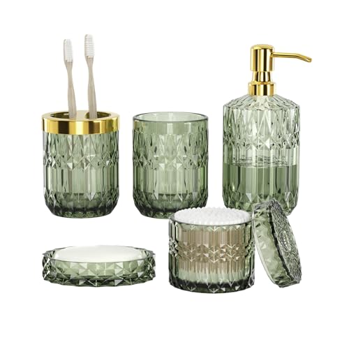 Towoaafu Green Bathroom Accessories Set, 5Pcs Clear Glass Green Accessories with Lotion Soap Dispenser, Soap Dish, Toothbrush Holder, Tumbler, Cotton Swab Jar, Modern Bathroom Decor Crystal Vintage Gift - Image 1