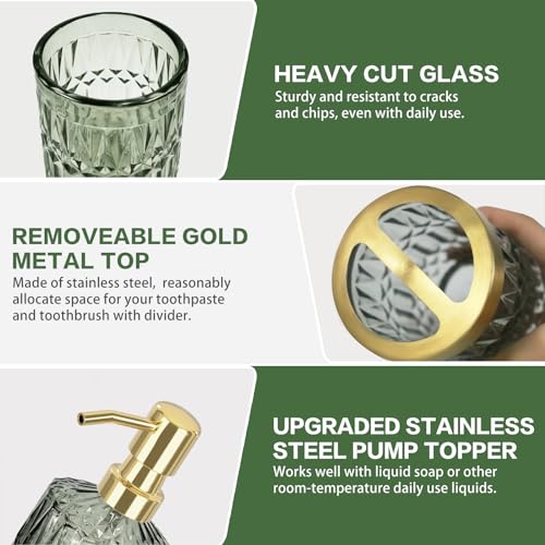 Towoaafu Green Bathroom Accessories Set, 5Pcs Clear Glass Green Accessories with Lotion Soap Dispenser, Soap Dish, Toothbrush Holder, Tumbler, Cotton Swab Jar, Modern Bathroom Decor Crystal Vintage Gift - Image 2
