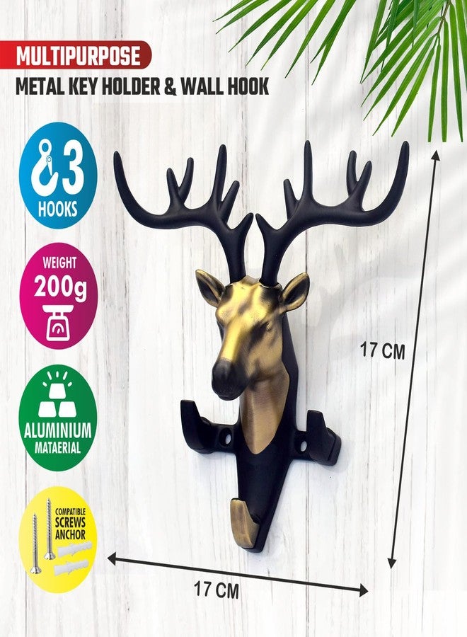 Indeed Deer Key Holder, Wall Mount Cloth Hanger & Metal Key Stand with 3 Hook | Home Decor Gift (Brass Antique) - Image 2