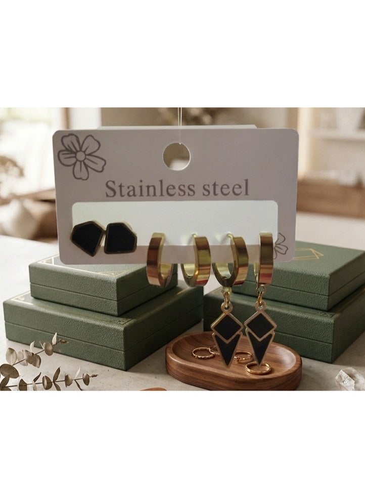 3-piece stainless steel earring set, genuine, rust and corrosion resistant - Image 1