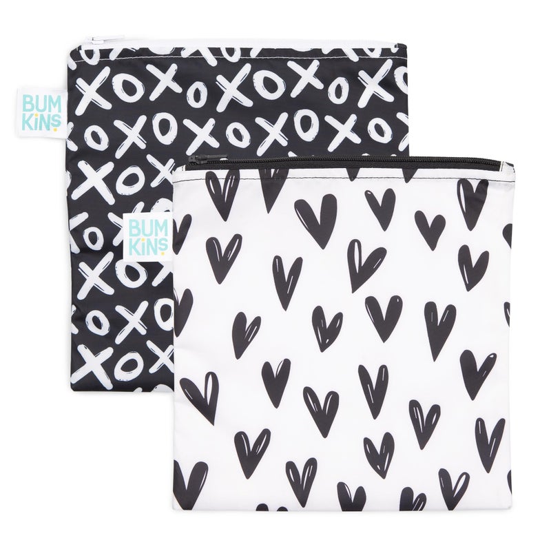 Bumkins Reusable Sandwich and Snack Bags for Kids School Lunch and for Adults Portion Washable Fabric Waterproof Cloth Zip Bag Travel Pouch FoodSafe Storage Large 2pk Hearts and XOXO