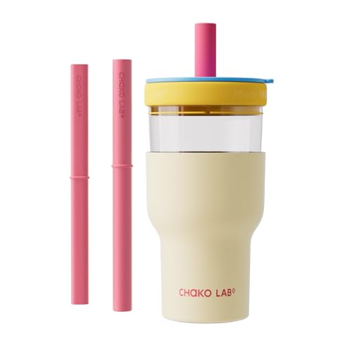 CHAKO LAB Insulated Stainless Steel Water Bottle Duallayer tumbler with Glass Linner and Stainsteel Linner BPAFree Leak Proof Thermos 20oz Bottle with Two Straw White Blue - Image 1