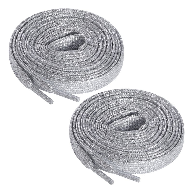 Marrywindix 2 Pairs Glitter Flat Shoelaces 43 Inch Shinny Metallic Shoe Laces for Sneakers Skate Boots Sport Shoes Silver