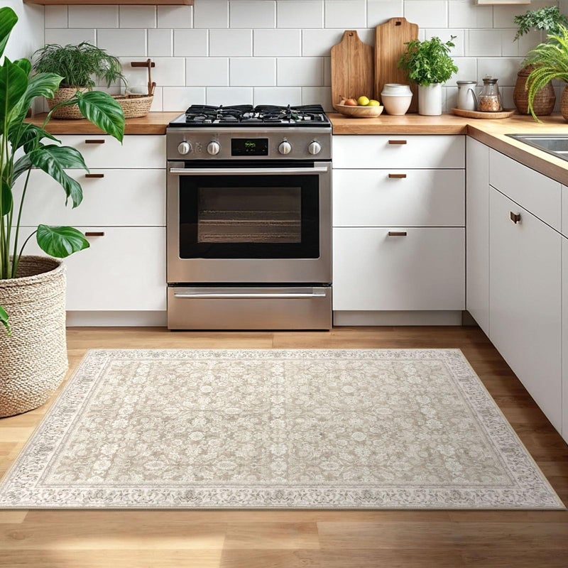 SIILOOM 3x5 Washable Area Rug for Entryway, Cream Beige Yellow White Grey Soft Distressed Floral Rug with Non-Slip, Low-Pile Vintage Area Rugs for Entryway Bedroom, Dorm Carpet with Non-Shedding - Image 3