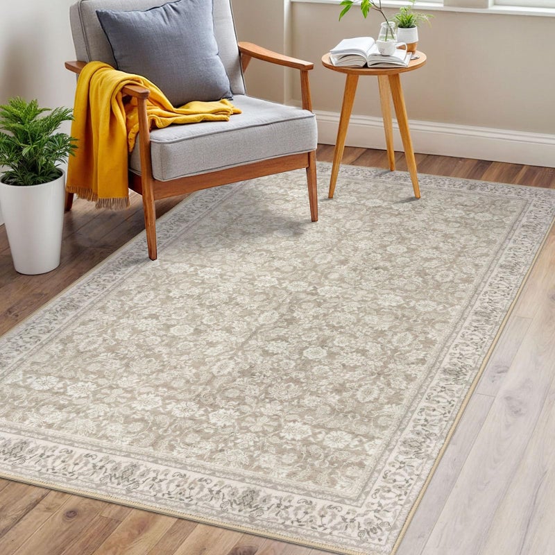 SIILOOM 3x5 Washable Area Rug for Entryway, Cream Beige Yellow White Grey Soft Distressed Floral Rug with Non-Slip, Low-Pile Vintage Area Rugs for Entryway Bedroom, Dorm Carpet with Non-Shedding - Image 4