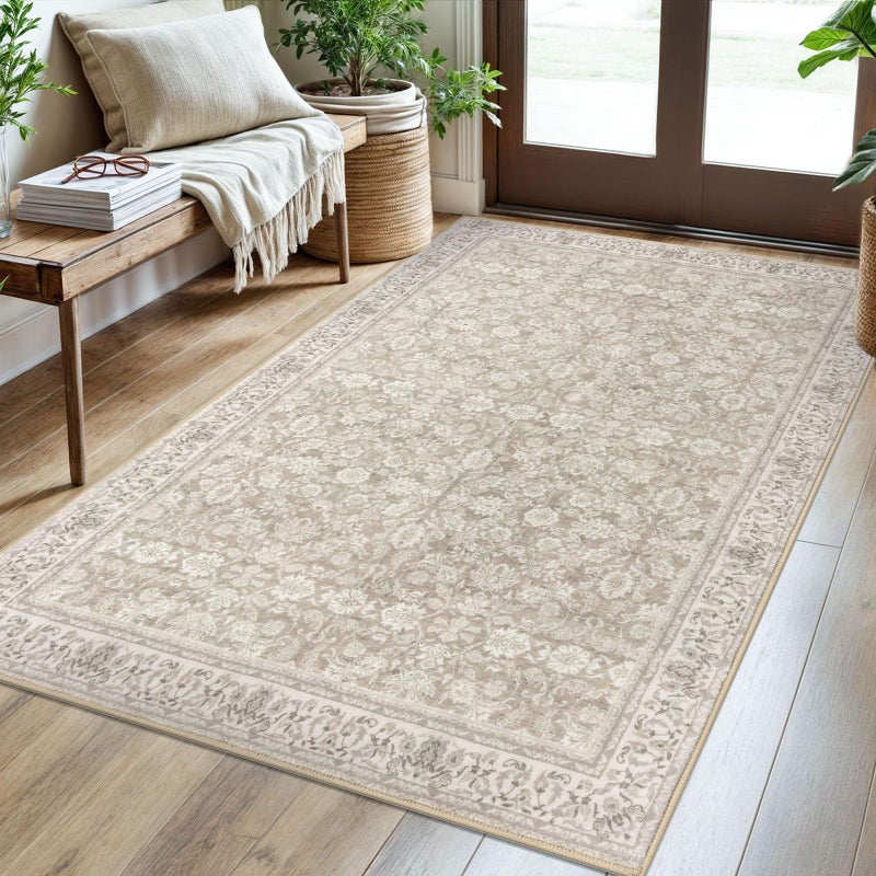 SIILOOM 3x5 Washable Area Rug for Entryway, Cream Beige Yellow White Grey Soft Distressed Floral Rug with Non-Slip, Low-Pile Vintage Area Rugs for Entryway Bedroom, Dorm Carpet with Non-Shedding - Image 1