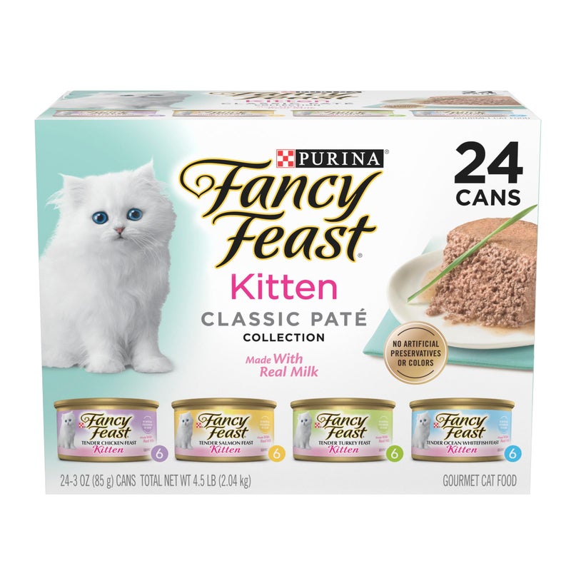 Fancy Feast Purina Fancy Feast Tender Ocean Whitefish, Turkey, Chicken and Salmon Feasts Wet Kitten Food Variety Pack - (Pack of 24) 3 oz. Boxes - Image 1