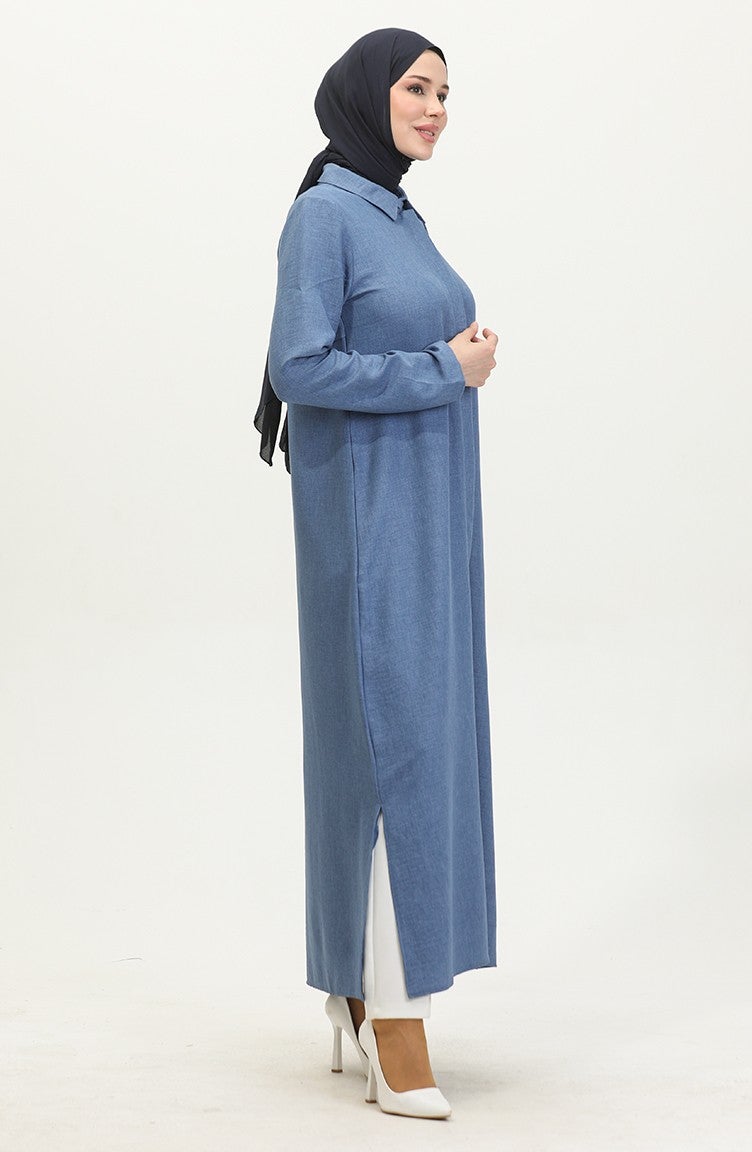 Sefa Merve Shirt Collar Abaya 24019-06 Indigo - Image 1