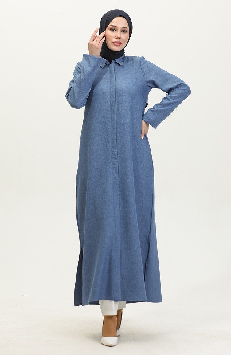 Sefa Merve Shirt Collar Abaya 24019-06 Indigo - Image 2
