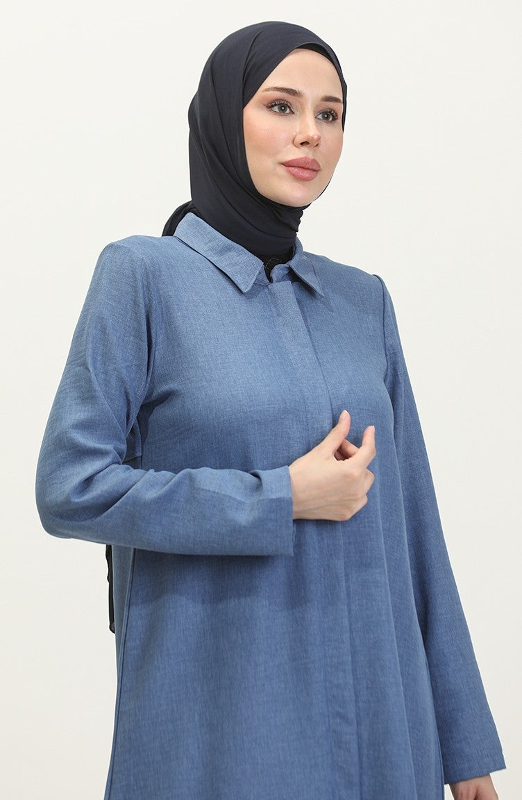 Sefa Merve Shirt Collar Abaya 24019-06 Indigo - Image 3