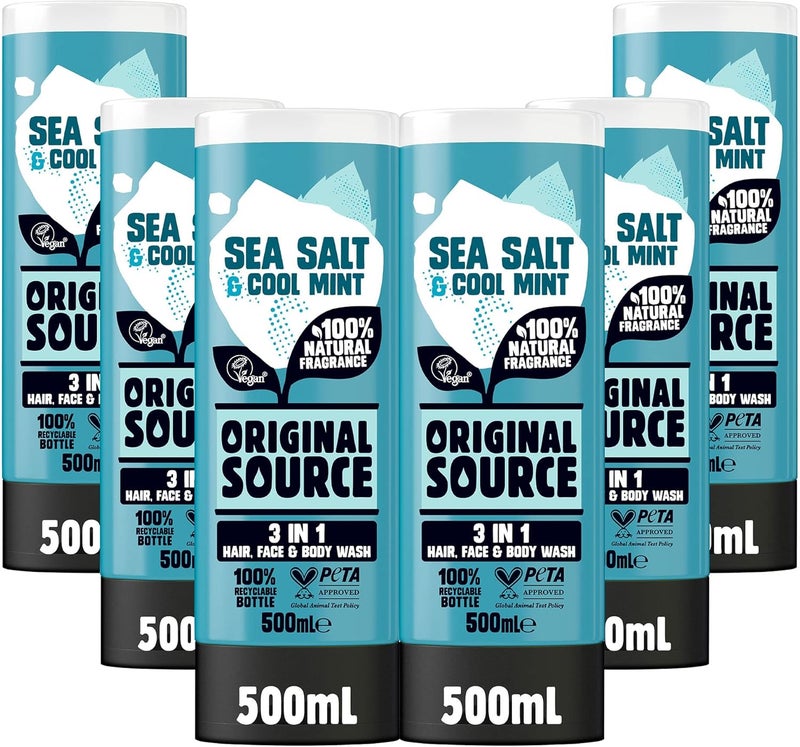 Original Source Mens 3in1 Sea Salt Cool Mint Shower Gel 100 Percent Natural Fragrance Vegan Cruelty Free Paraben Free Bulk Buy Pack of 6 x 500 ml