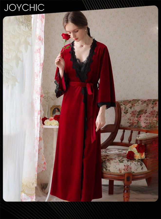 Joychic 2-piece Sweet Female Suspender Nightgown with Sleep Robe Autumn and Winter Velvet Fabric Skin-friendly Loungewear for Women Wine Red - Image 1