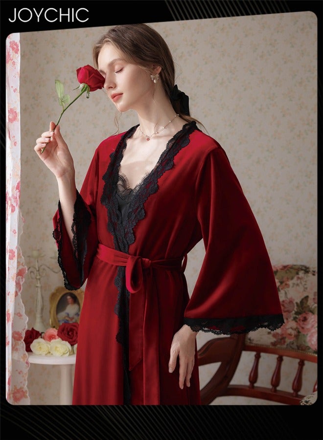 Joychic 2-piece Sweet Female Suspender Nightgown with Sleep Robe Autumn and Winter Velvet Fabric Skin-friendly Loungewear for Women Wine Red - Image 2