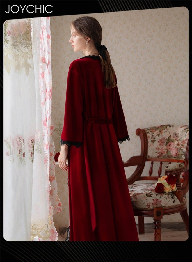 Joychic 2-piece Sweet Female Suspender Nightgown with Sleep Robe Autumn and Winter Velvet Fabric Skin-friendly Loungewear for Women Wine Red - Image 4