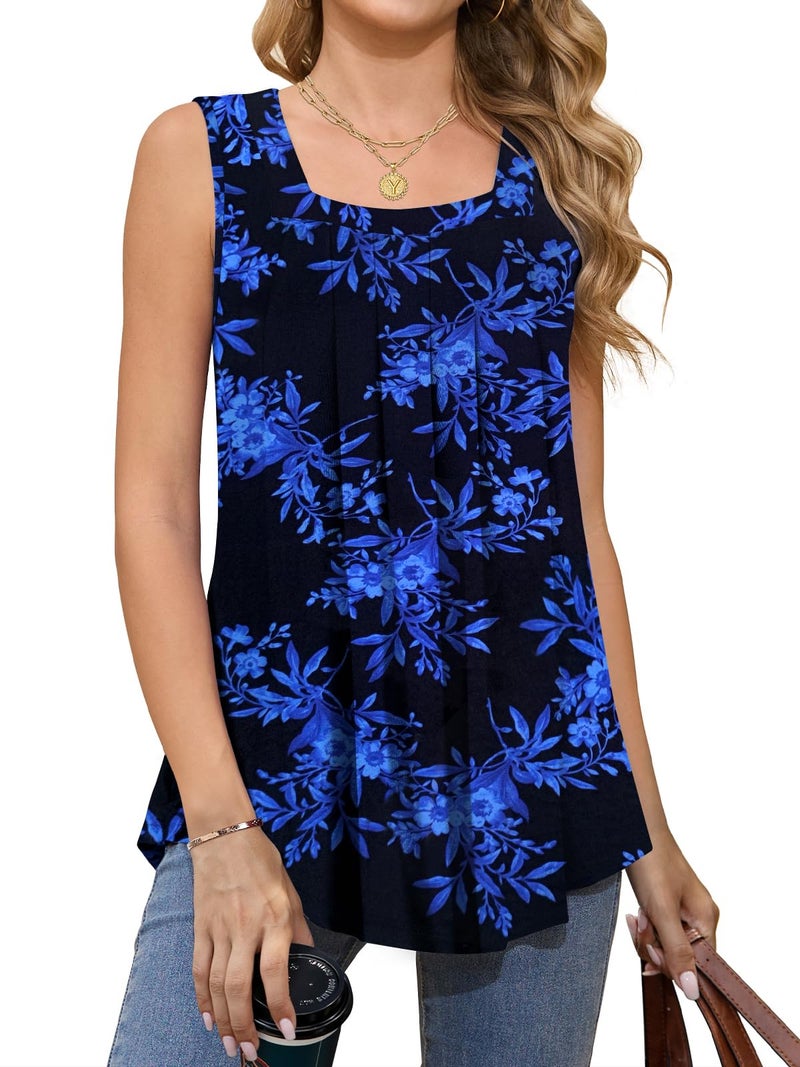 Tencede Women Tank Tops Summer Square Neck Sleeveless Tops Loose Fit Flowy Cute Casual Shirts Black Blue Leaves 1X - Image 1
