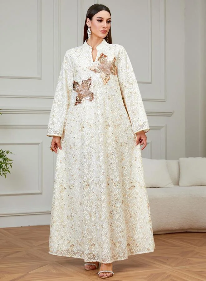 تايك تو Beige Floral Embroidered Embellished Jalabiya
