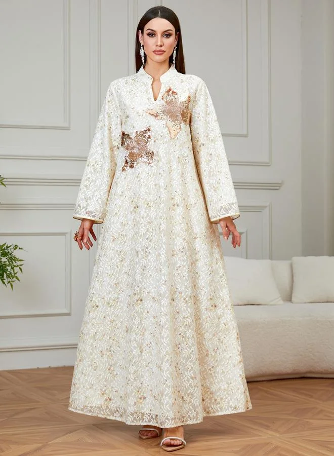تايك تو Beige Floral Embroidered Embellished Jalabiya