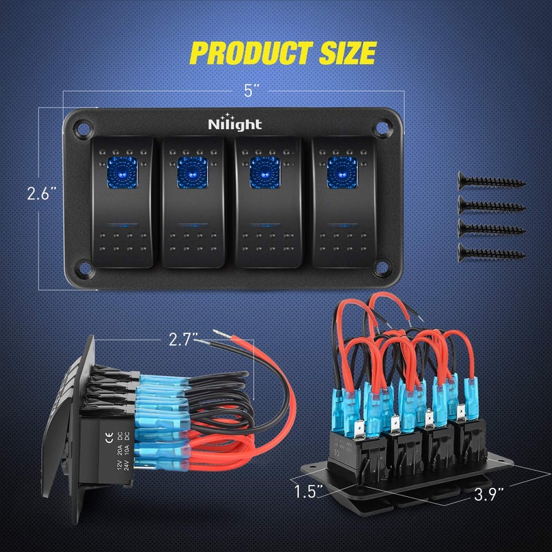 Nilight Nilight - 90109D 4 Gang Aluminum Rocker Switch Panel Toggle Dash 5 Pin ON/Off Pre-Wired Rocker Switch Blue Backlit Switch for Automotive Car Marine Boat RV,2 Years Warranty  - Image 2