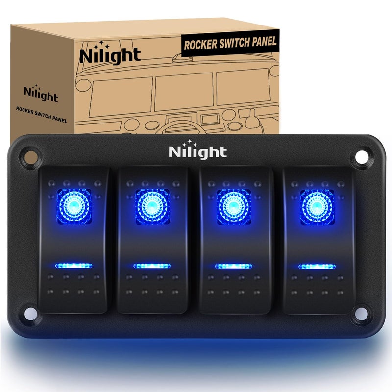 Nilight Nilight - 90109D 4 Gang Aluminum Rocker Switch Panel Toggle Dash 5 Pin ON/Off Pre-Wired Rocker Switch Blue Backlit Switch for Automotive Car Marine Boat RV,2 Years Warranty  - Image 1