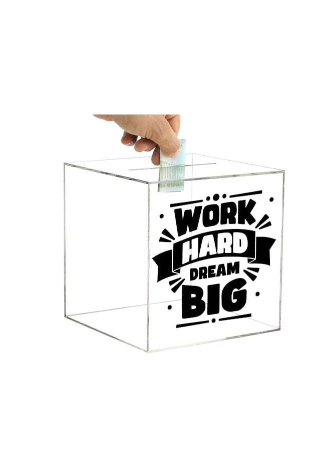 VITION Clear Piggy Bank for Adults Kids, Acrylic Piggy Bank for Boys Girls to Saving Money Cash Coin, Must Break to Open (Work Hard Dream Big, 15 x 15 cm) - Image 2