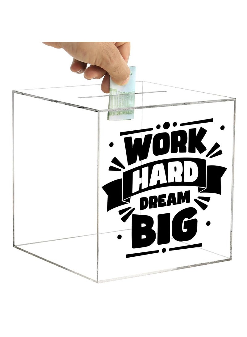 VITION Clear Piggy Bank for Adults Kids, Acrylic Piggy Bank for Boys Girls to Saving Money Cash Coin, Must Break to Open (Work Hard Dream Big, 15 x 15 cm) - Image 1