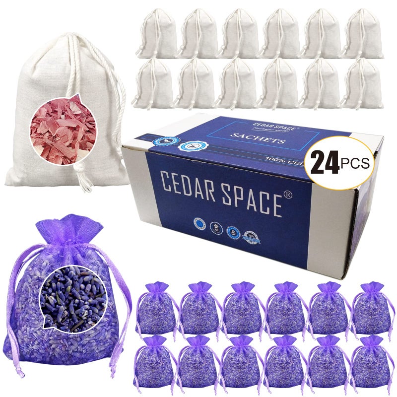 Cedar Space Lavender Sachet Bags for Drawers and Closets24 PackPotpourri BagsDried Lavender FlowersCedar Blocks for Clothes Storage Scent Air Freshener Cedar Chips Lavendar for Home Fragrance