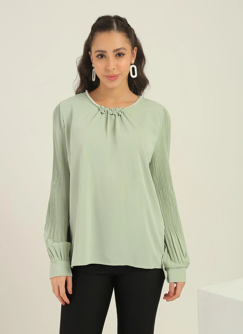 globus Globus Women Green Round Neck Pearl & Embellished Detail Accordion Pleated Cuffed Sleeves Party Top