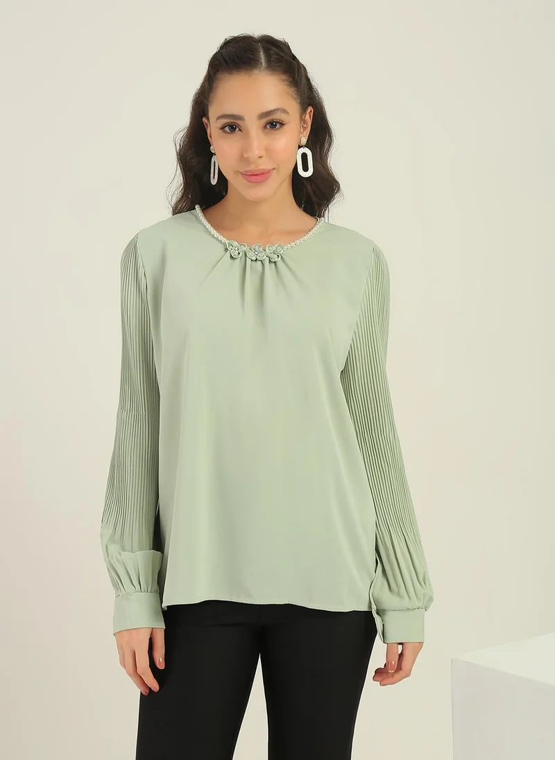 globus Globus Women Green Round Neck Pearl & Embellished Detail Accordion Pleated Cuffed Sleeves Party Top