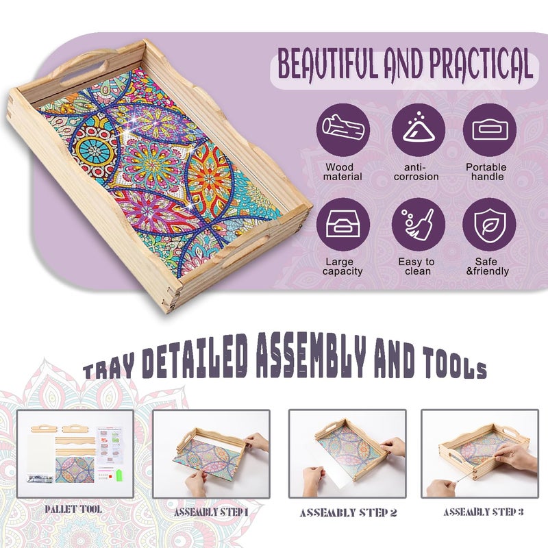 EWJRNSF Diamond Art Kits for Adults Wooden Serving Trays with Handles, 5D Diamond Painting Big Gem Arts and Craft Gifts Trays Decor Gift Home Decor 7.8x11.8 Inches Mandala A - Image 3